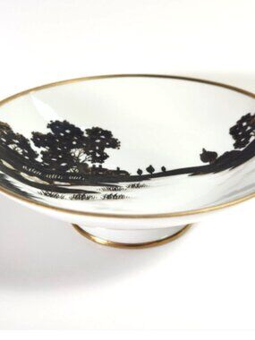 Antique 1911 Nippon Bowl Morimura Black Silhouette Landscape Gold Handled Dish